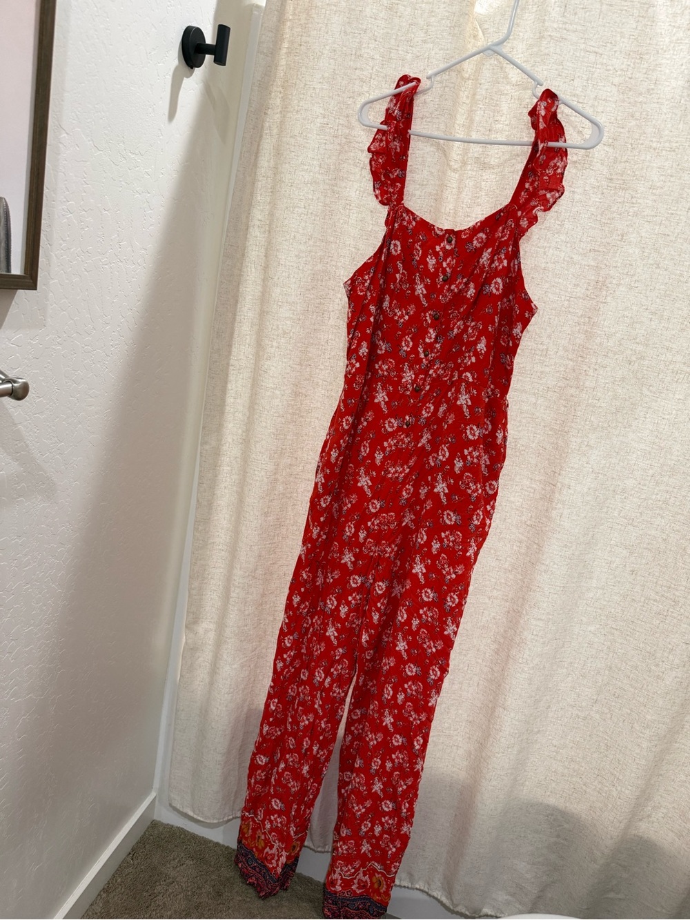 Xhilaration Red Floral Ruffle-Strap Jumpsuit